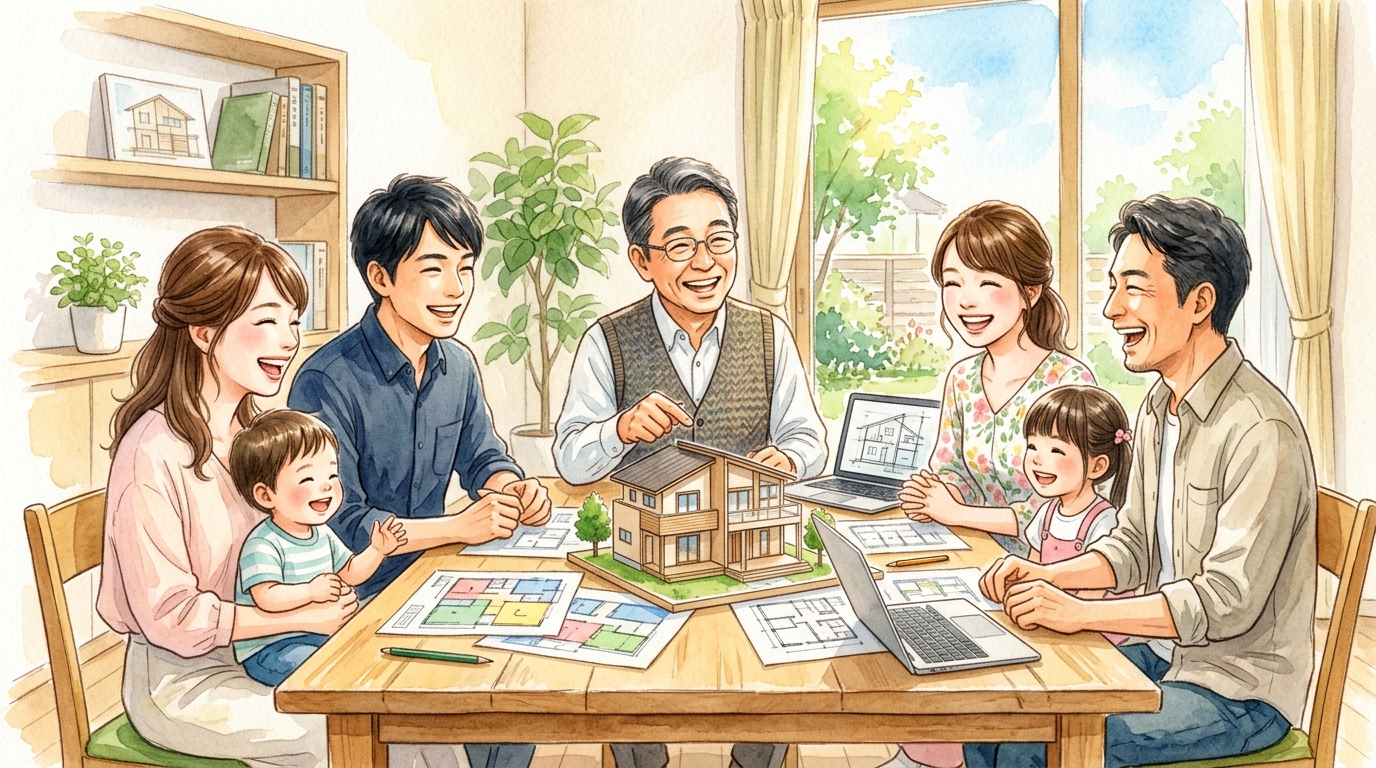 家族や親族が集まり、住宅の模型と間取り図を囲んでハウスメーカーの紹介制度について話し合うイラスト