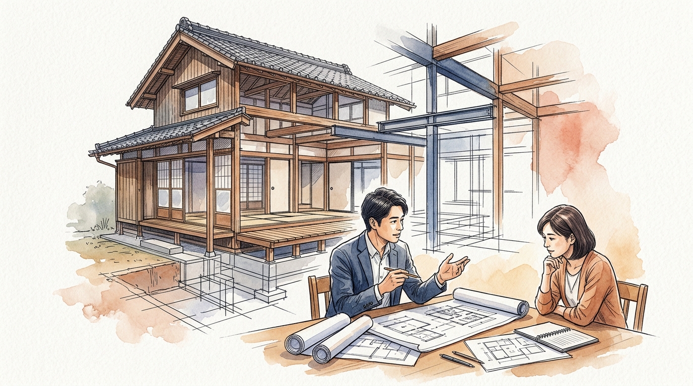 築古の木造2階建て戸建てのリフォームを設計者と相談する様子