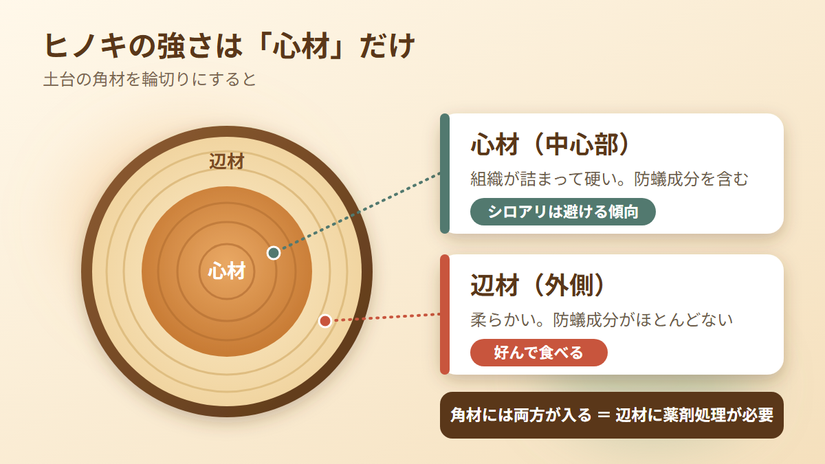 ヒノキの角材を輪切りにした図。中心の心材は防蟻成分を含みシロアリが避け、外側の辺材は好んで食べられる