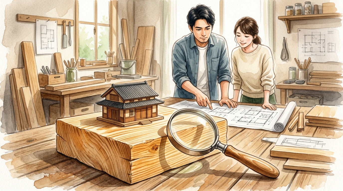 ヒノキの土台を確認する夫婦と住宅模型、虫眼鏡の水彩イラスト