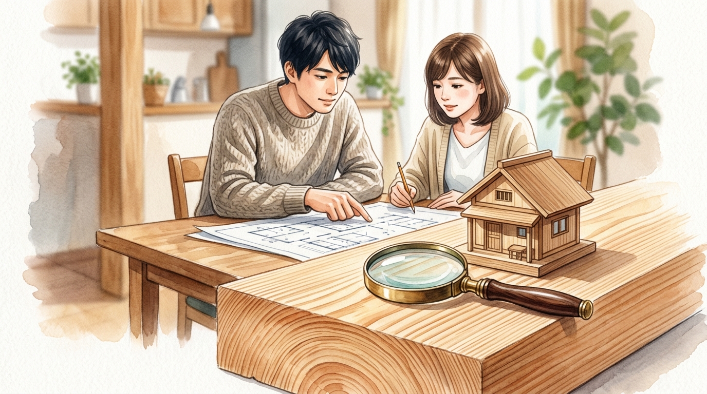 家の模型と虫眼鏡を前に、間取り図を見ながら話し合う夫婦