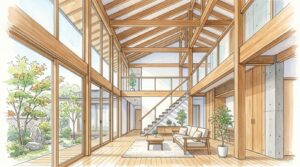 木の梁と大きな窓が見える、吹き抜けのある家のリビング