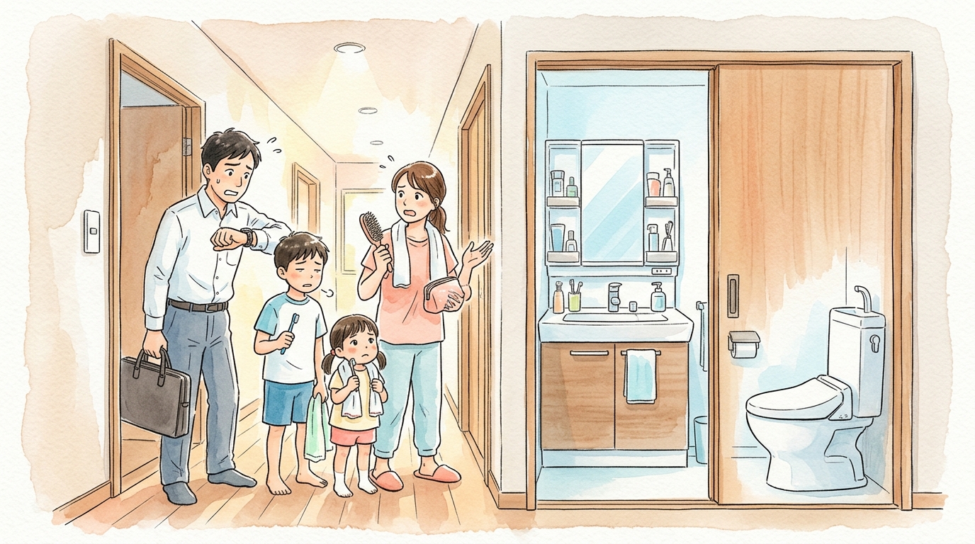 朝の洗面所とトイレの前で順番を待つ4人家族