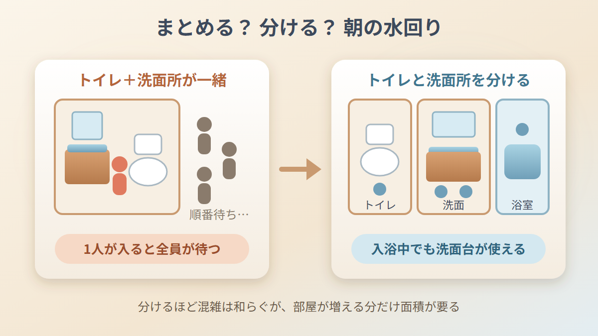 トイレと洗面所を一緒にした間取りと分けた間取りの朝の使い方の比較