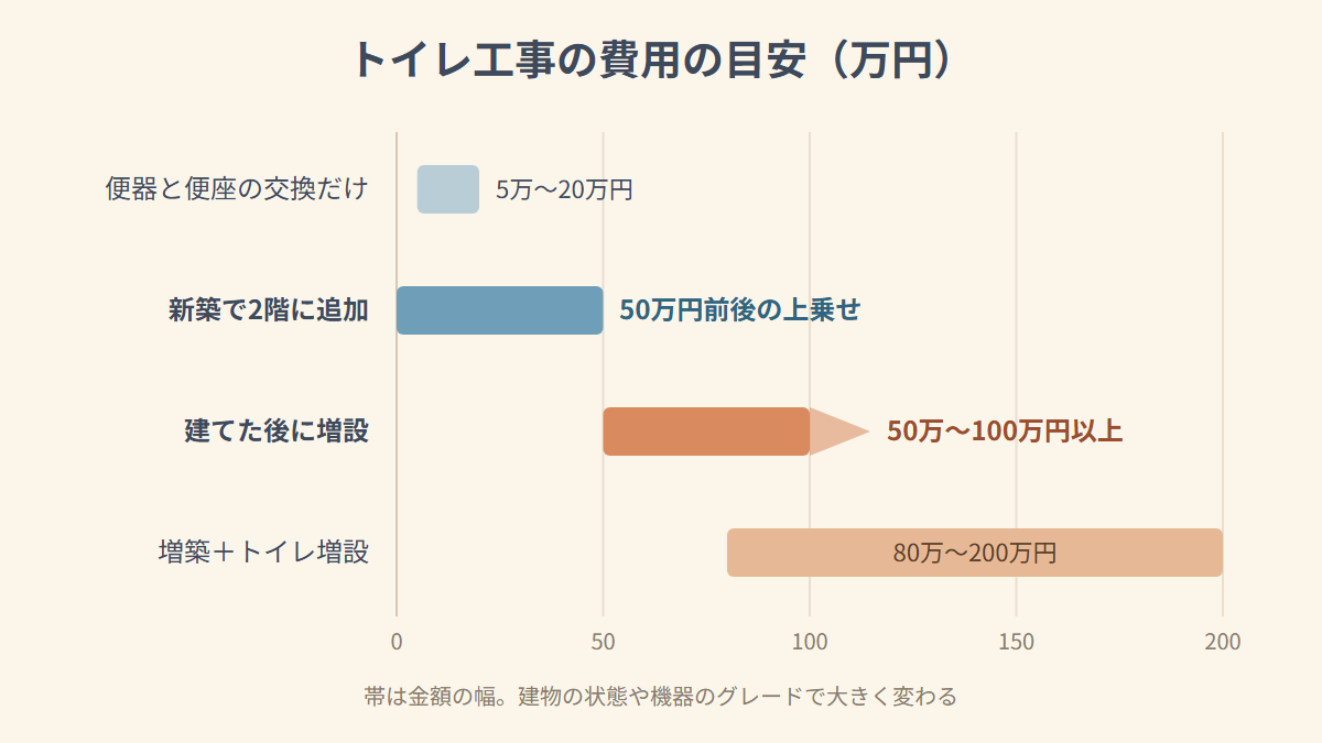 2階トイレの新築時と増設時の費用の目安を比べたグラフ